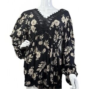 Nostalgia Black with Flowers Cottage Core Boho Peasant Sleeve Shirt Small